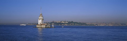 Framed Lighthouse in the sea with mosque in the background, Leander&#39;s Tower, Blue Mosque, Istanbul, Turkey Print