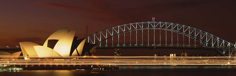 Framed Opera house lit up at night with light streaks, Sydney Harbor Bridge, Sydney Opera House, Sydney, New South Wales, Australia Print