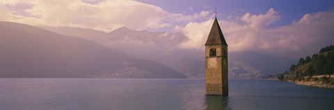 Framed Clock tower in a lake, Reschensee, Italy Print