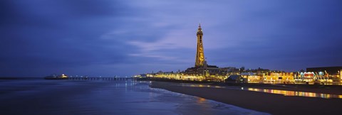 Framed Buildings lit up at dusk, Blackpool Tower, Blackpool, Lancashire, England Print