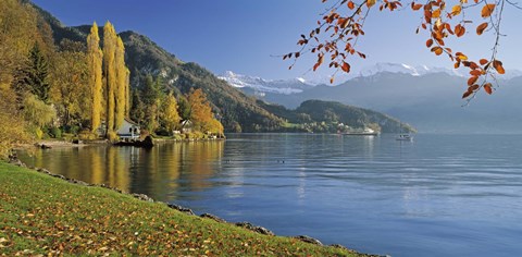 Framed Switzerland, Canton Lucerne, Lake Vierwaldstattersee Vitznau, Panoramic view of mountains around a lake Print