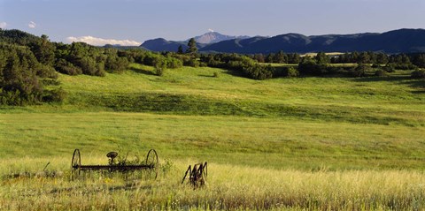 Framed Agricultural equipment in a field, Pikes Peak, Larkspur, Colorado, USA Print