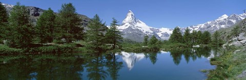 Framed Reflection of a mountain in a lake, Matterhorn, Riffelsee Lake, Pennine Alps, Zermatt, Valley, Switzerland Print