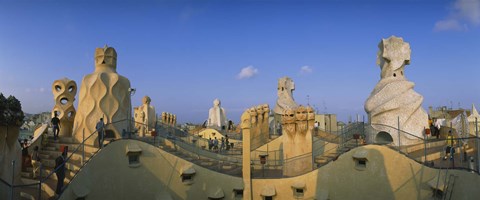 Framed Chimneys on the roof of a building, Casa Mila, Barcelona, Catalonia, Spain Print
