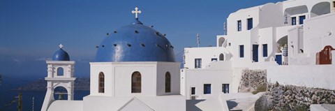 Framed Greece, Santorini, Fira, Church of Anastasis, Blue dome on a Church Print