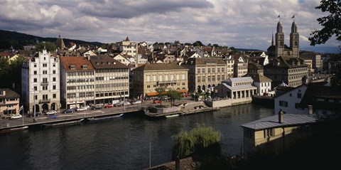 Framed High angle view of buildings along a river, River Limmat, Zurich, Switzerland Print