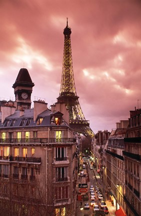 Framed Paris Street Scene with Eiffel Tower and Red Sky Print