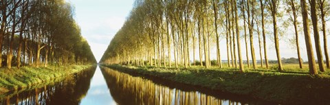 Framed Belgium, tree lined waterway through countryside Print