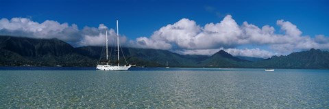 Framed Sailboat in a bay, Kaneohe Bay, Oahu, Hawaii, USA Print