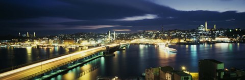 Framed High angle view of a bridge lit up at night, Istanbul, Turkey Print
