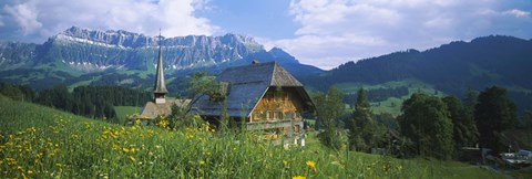 Framed Chalet and a church on a landscape, Emmental, Switzerland Print