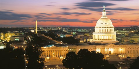 Framed High angle view of a city lit up at dusk, Washington DC, USA Print