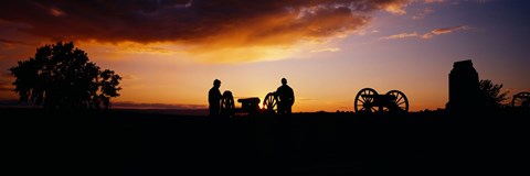 Framed Silhouette of statues of soldiers and cannons in a field, Gettysburg National Military Park, Pennsylvania, USA Print
