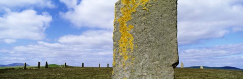 Framed Yellow markings on a pillar in the Ring Of Brodgar, Orkney Islands, Scotland, United Kingdom Print