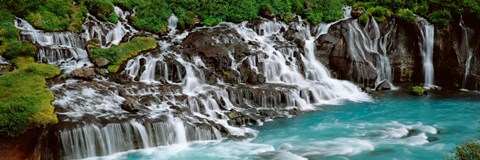 Framed Waterfall In A Forest, Hraunfoss Waterfall, Iceland Print