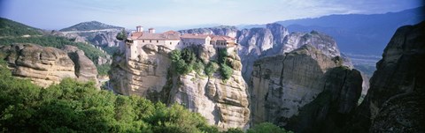 Framed Monastery on the top of a cliff, Roussanou Monastery, Meteora, Thessaly, Greece Print