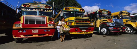 Framed Buses Parked In A Row At A Bus Station, Antigua, Guatemala Print