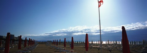 Framed Beach umbrella and beach chairs on the beach, Lignano Sabbiadoro, Italy Print