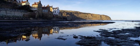 Framed Reflection Of Buildings In Water, Robin Hood's Bay, North Yorkshire, England, United Kingdom Print