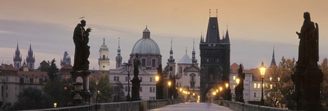 Framed Lit Up Bridge At Dusk, Charles Bridge, Prague, Czech Republic Print