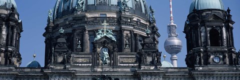 Framed Low angle view of a church, Berliner Dom, with Television Tower (Fernsehturm) in distance, Berlin, Germany Print