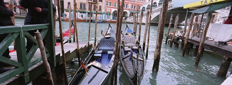 Framed Gondolas moored near a bridge, Rialto Bridge, Grand Canal, Venice, Italy Print