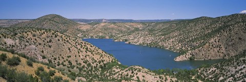 Framed High angle view of a lake surrounded by hills, Santa Cruz Lake, New Mexico, USA Print