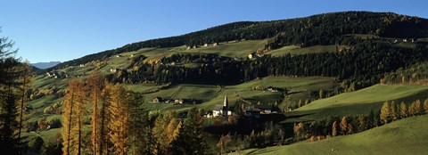 Framed Buildings on a landscape, Dolomites, Funes Valley, Tyrol, Italy Print