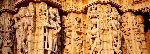 Framed Sculptures carved on a wall of a temple, Jain Temple, Ranakpur, Rajasthan, India Print