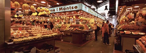 Framed Group of people in a vegetable market, La Boqueria Market, Barcelona, Catalonia, Spain Print