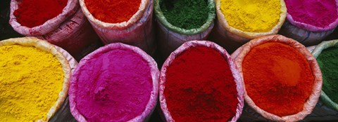 Framed High angle view of various powder paints, Braj, Mathura, Uttar Pradesh, India Print