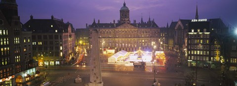 Framed High angle view of a town square lit up at dusk, Dam Square, Amsterdam, Netherlands Print