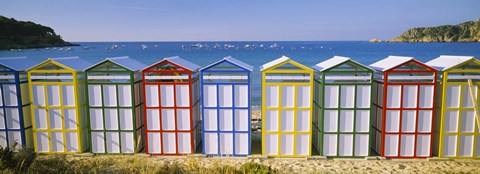 Framed Beach huts in a row on the beach, Catalonia, Spain Print