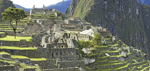 Framed Buildings on a hill, Andes Mountains,Machu Pichu, Peru Print