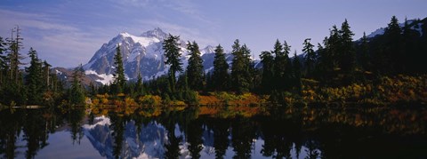 Framed Reflection of trees and mountains in a lake, Mount Shuksan, North Cascades National Park, Washington State Print