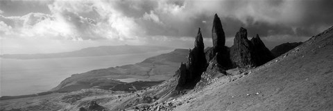 Framed Rock formations on hill in black and white, Isle of Skye, Scotland Print