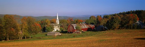 Framed Church and a barn in a field, Peacham, Vermont, USA Print