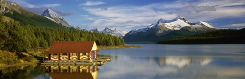 Framed Boathouse at the lakeside, Maligne Lake, Jasper National Park, Alberta, Canada Print