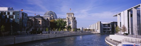 Framed Buildings along a river, The Reichstag, Spree River, Berlin, Germany Print