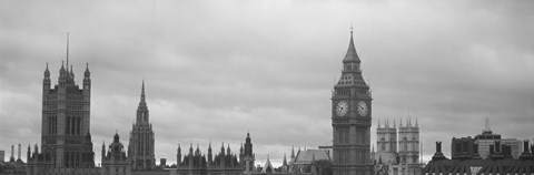 Framed Buildings in a city, Big Ben, Houses Of Parliament, Westminster, London, England (black and white) Print