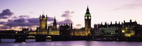 Framed Buildings lit up at dusk, Big Ben, Houses of Parliament, Thames River, City Of Westminster, London, England Print