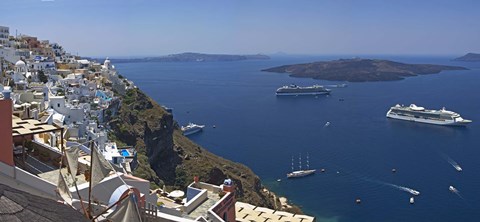Framed Ships in the sea viewed from a town, Santorini, Cyclades Islands, Greece Print