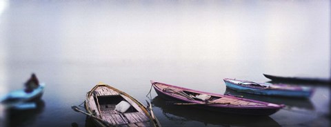 Framed Row boats in a river, Ganges River, Varanasi, Uttar Pradesh, India Print