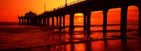 Framed Silhouette of a pier at sunset, Manhattan Beach Pier, Manhattan Beach, Los Angeles County, California, USA Print