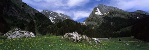 Framed Mountains in a forest, Mt Santis, Mt Altmann, Appenzell Alps, St Gallen Canton, Switzerland Print