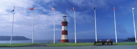 Framed Lighthouse with flags on the coast, Smeaton&#39;s Tower, Plymouth Hoe, Plymouth, Devon, England Print