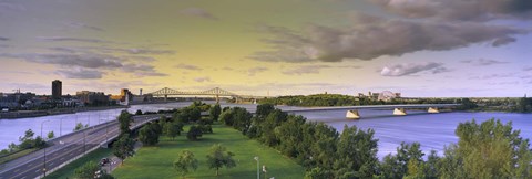 Framed Bridges across a river, Jacques Cartier Bridge, Pont De La Concorde, Montreal, Quebec, Canada Print
