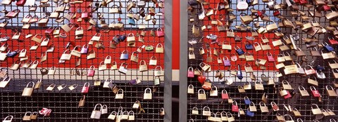 Framed Locks of Love on a fence against a Red Background, Hohenzollern Bridge, Cologne, North Rhine Westphalia, Germany Print