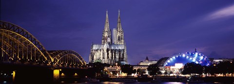 Framed City at dusk, Musical Dome, Cologne Cathedral, Hohenzollern Bridge, Rhine River, Cologne, North Rhine Westphalia, Germany Print