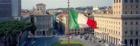 Framed Italian flag fluttering with city in the background, Piazza Venezia, Vittorio Emmanuel II Monument, Rome, Italy Print